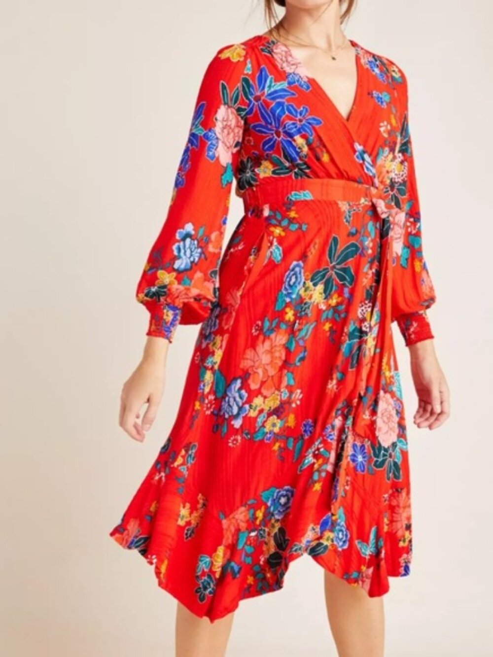 EUC Anthropologie Boswell Red Floral Faux Wrap Dress Size 10